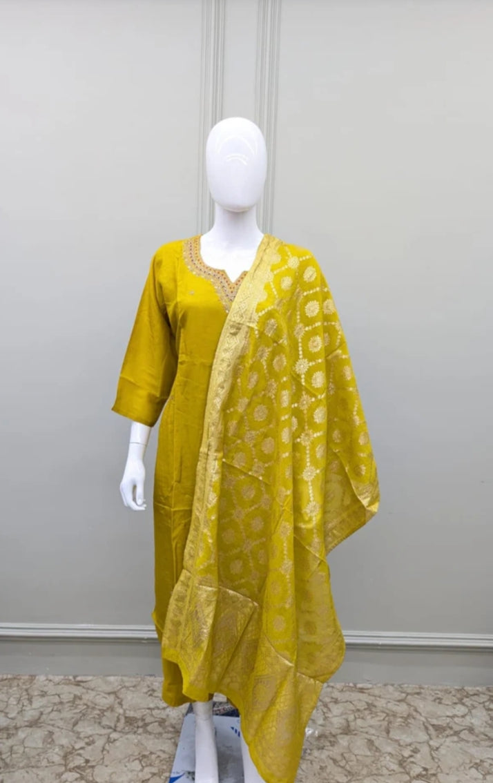 Karwa chauth special Kurta Pant With Dupatta In Pure Premium Dola Silk Three Piece Suit in Mustard yellow