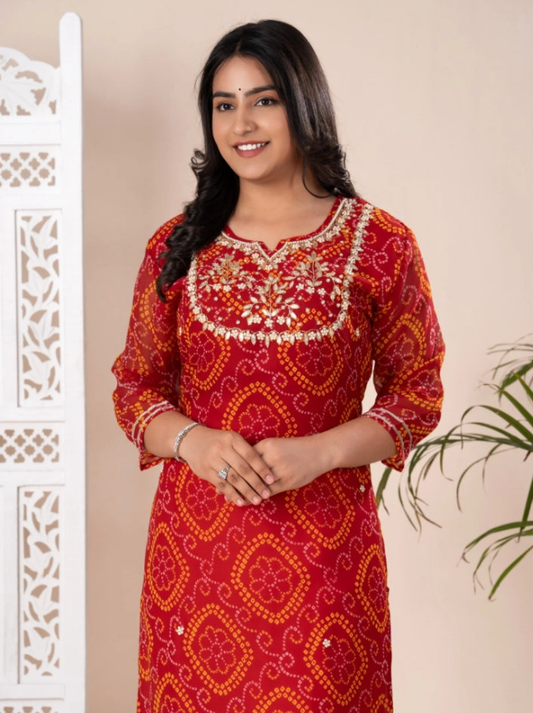 Pure Georgette Heavy Pearl Jardoji cutdana Hand Work Rai Bandhej Red Kurti Only