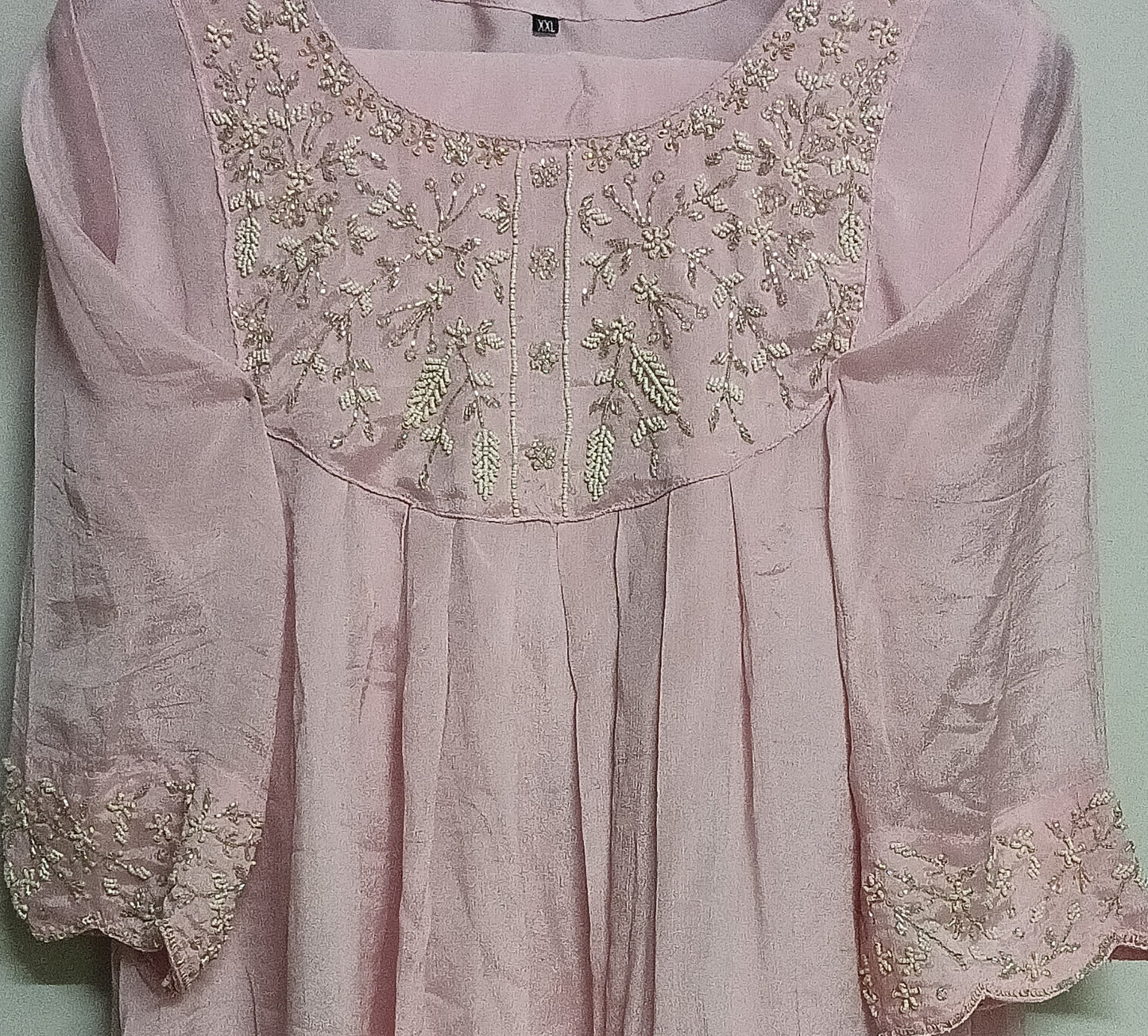 Pure Premium Butter soft Chinon Heavy fully loaded Pearl work on yolk and sleeves of top and Palazo set