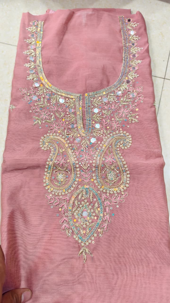 Pure original Chanderi silk hand original zardosi work kurti fabric