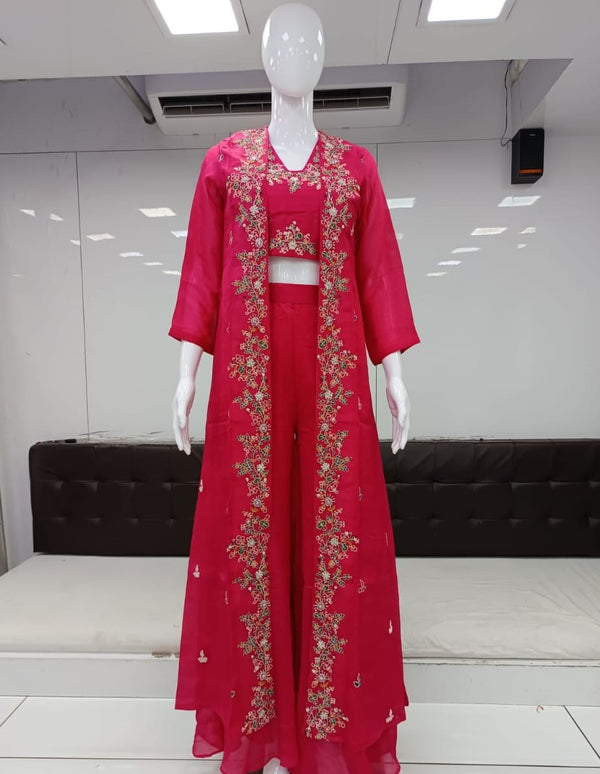 Pure Chinon Handwork Party Wear 3pc Set With Jacket Pink Color