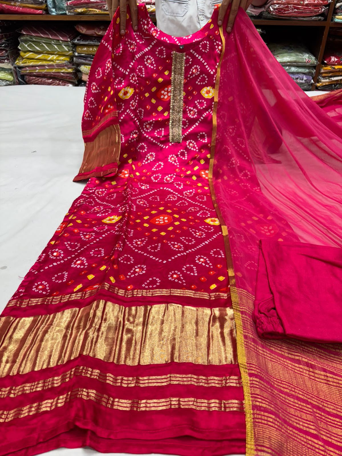 PURE Gajji SILK KURTI WITH EMBROIDERY LACE AND PANT WITH SILK DUPPATA