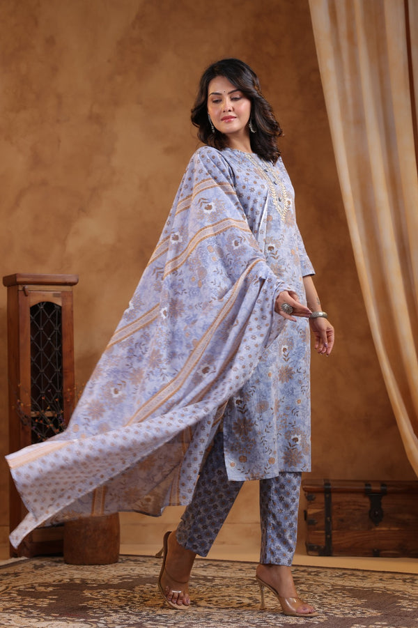 Pure Jaipuri Cotton Three Piece Suit in Lavender Colour