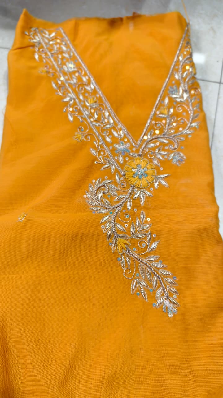 Pure original Chanderi silk hand original zardosi work kurti fabric