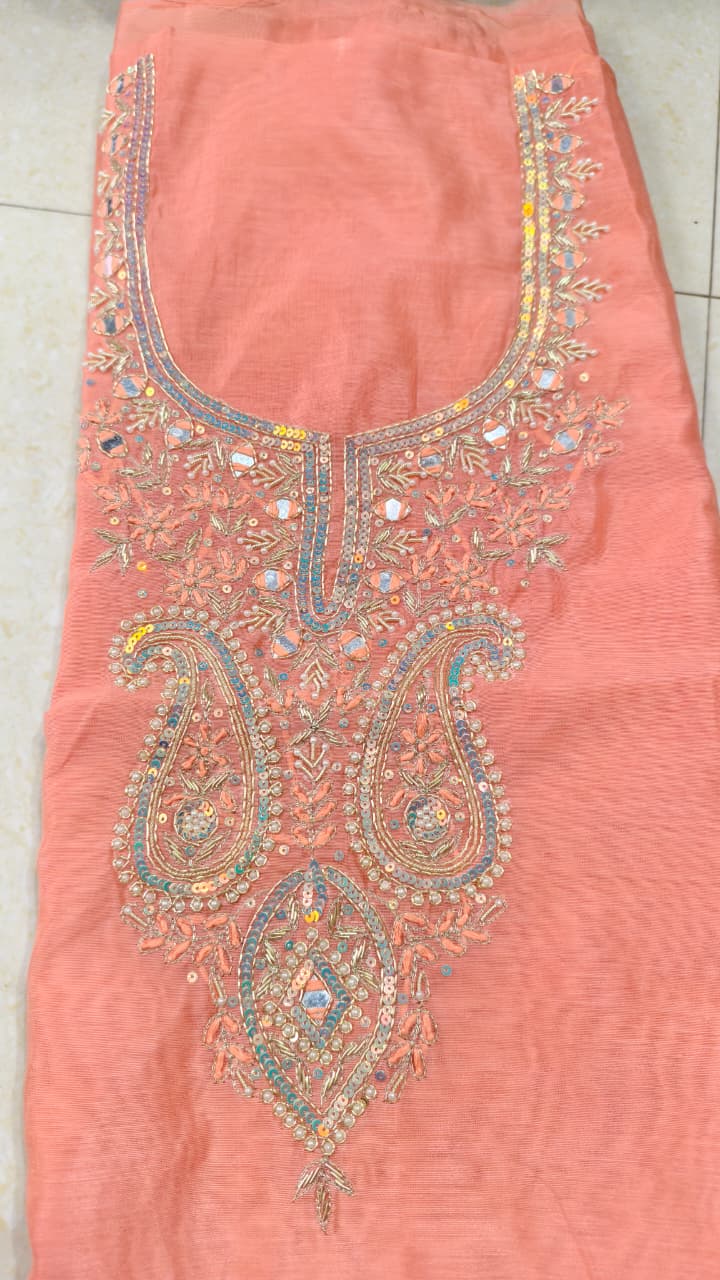 Pure original Chanderi silk hand original zardosi work kurti fabric