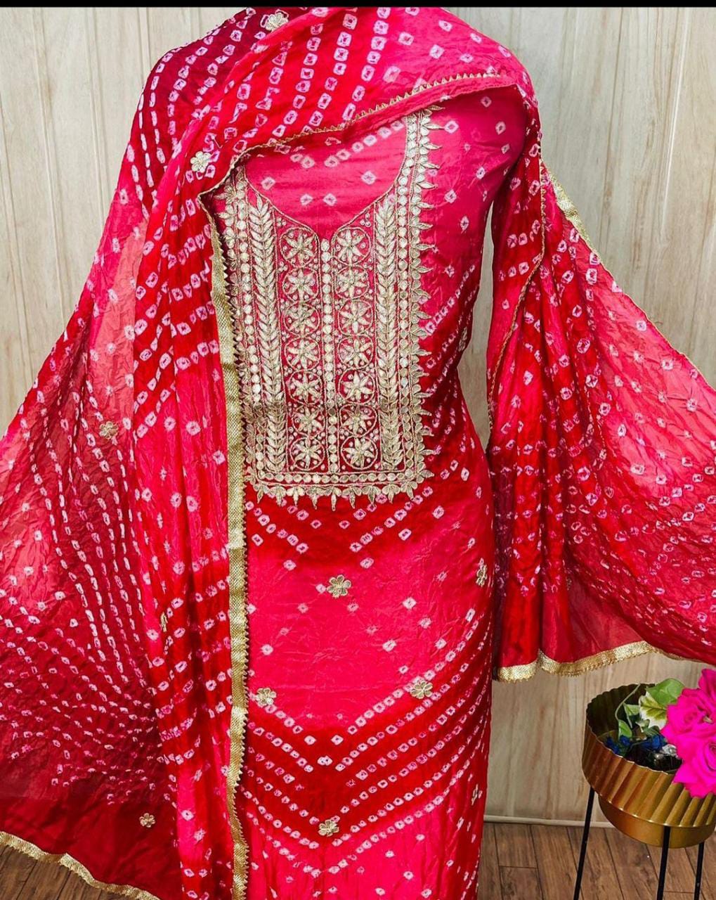 Bandhej silk Dress Materials with heavy hand goota Patti and Kundan work