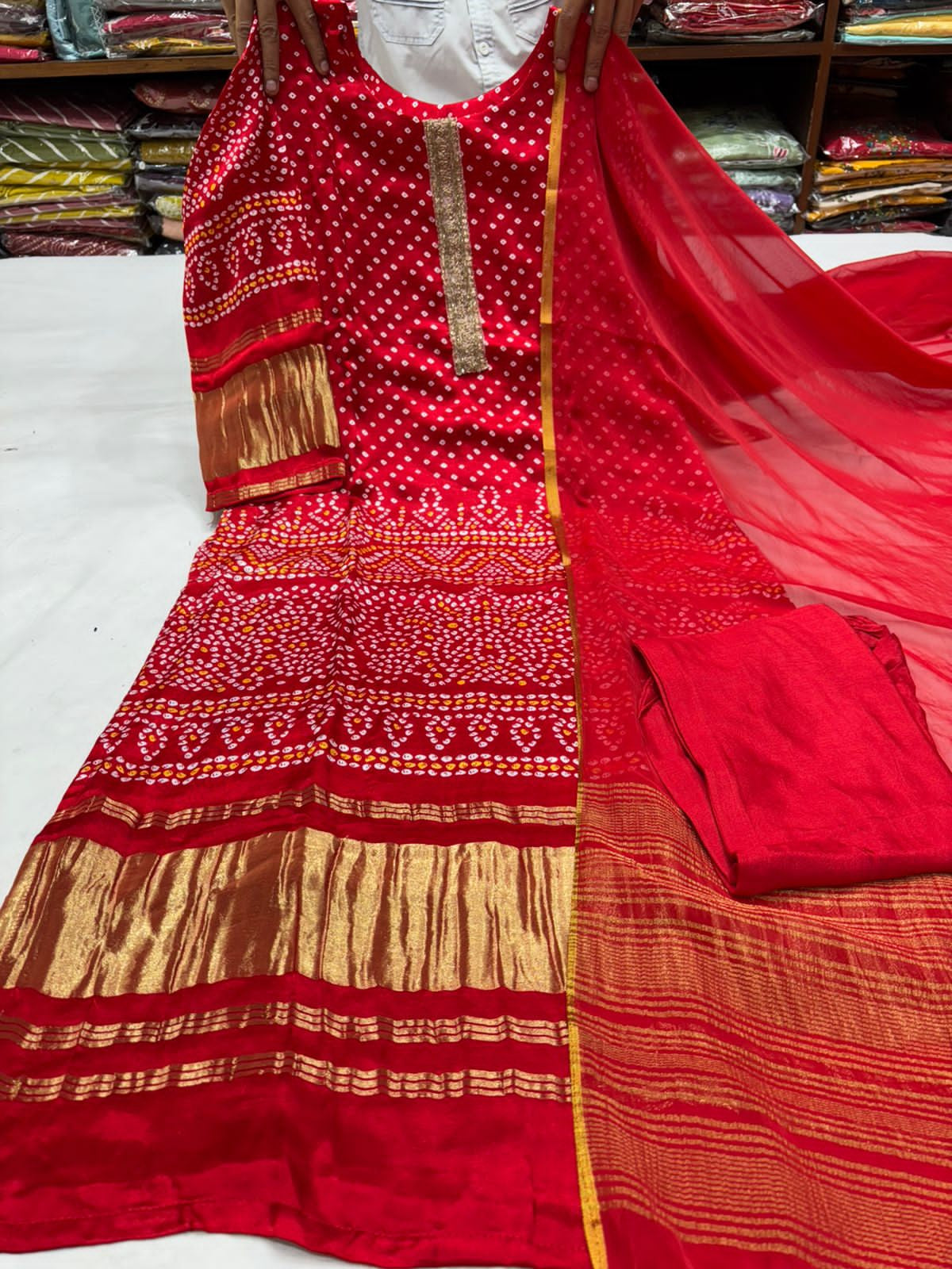 PURE Gajji SILK KURTI WITH EMBROIDERY LACE AND PANT WITH SILK DUPPATA