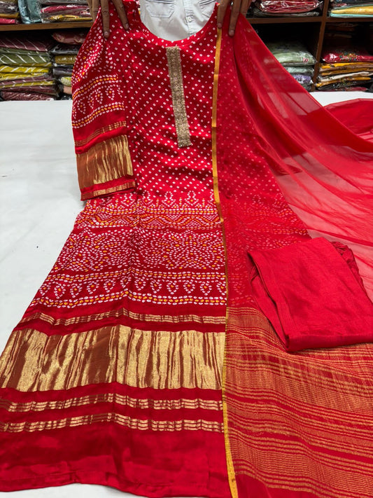 PURE Gajji SILK KURTI WITH EMBROIDERY LACE AND PANT WITH SILK DUPPATA