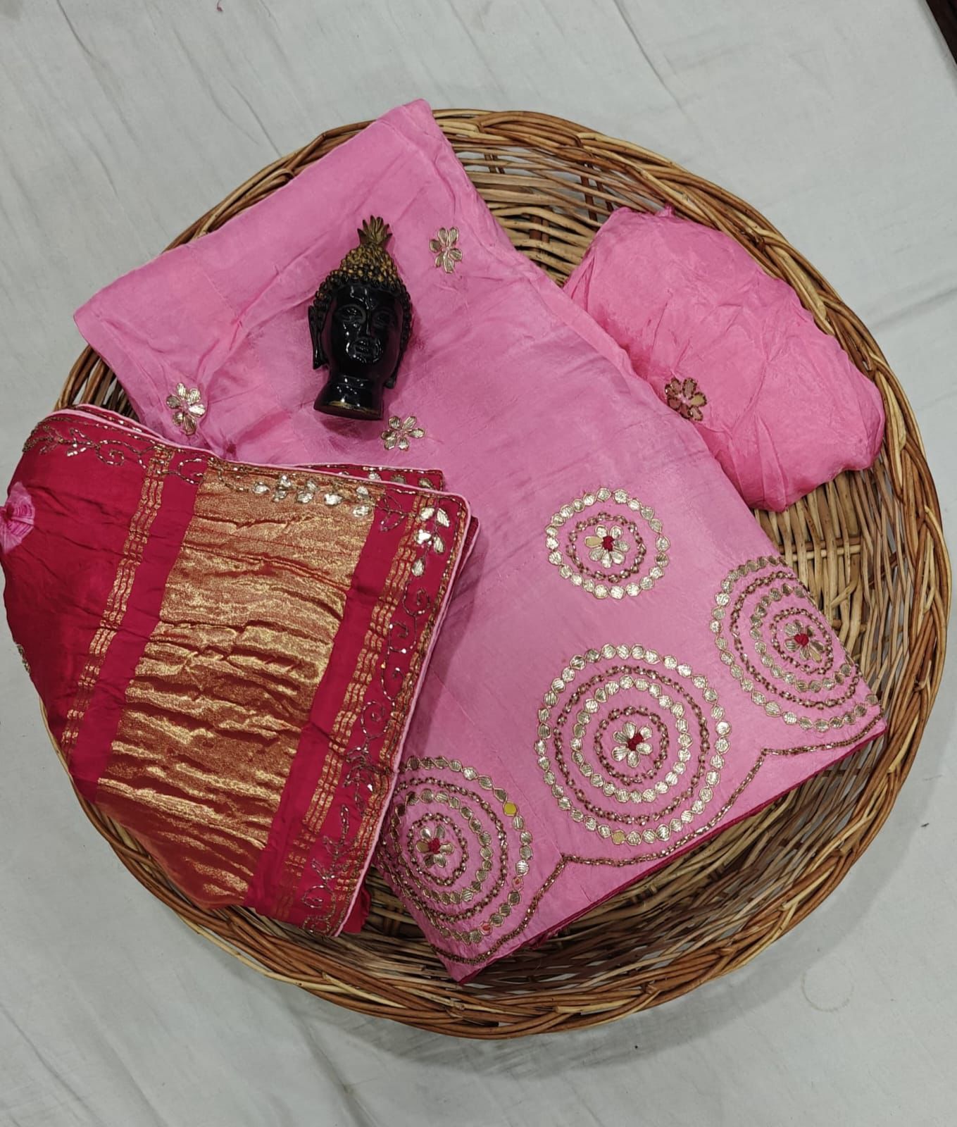 Pure upada lehnga with heavy gota Patti hand work Pure gajji silk dupatta with gulti Bhandej gota Patti hand border