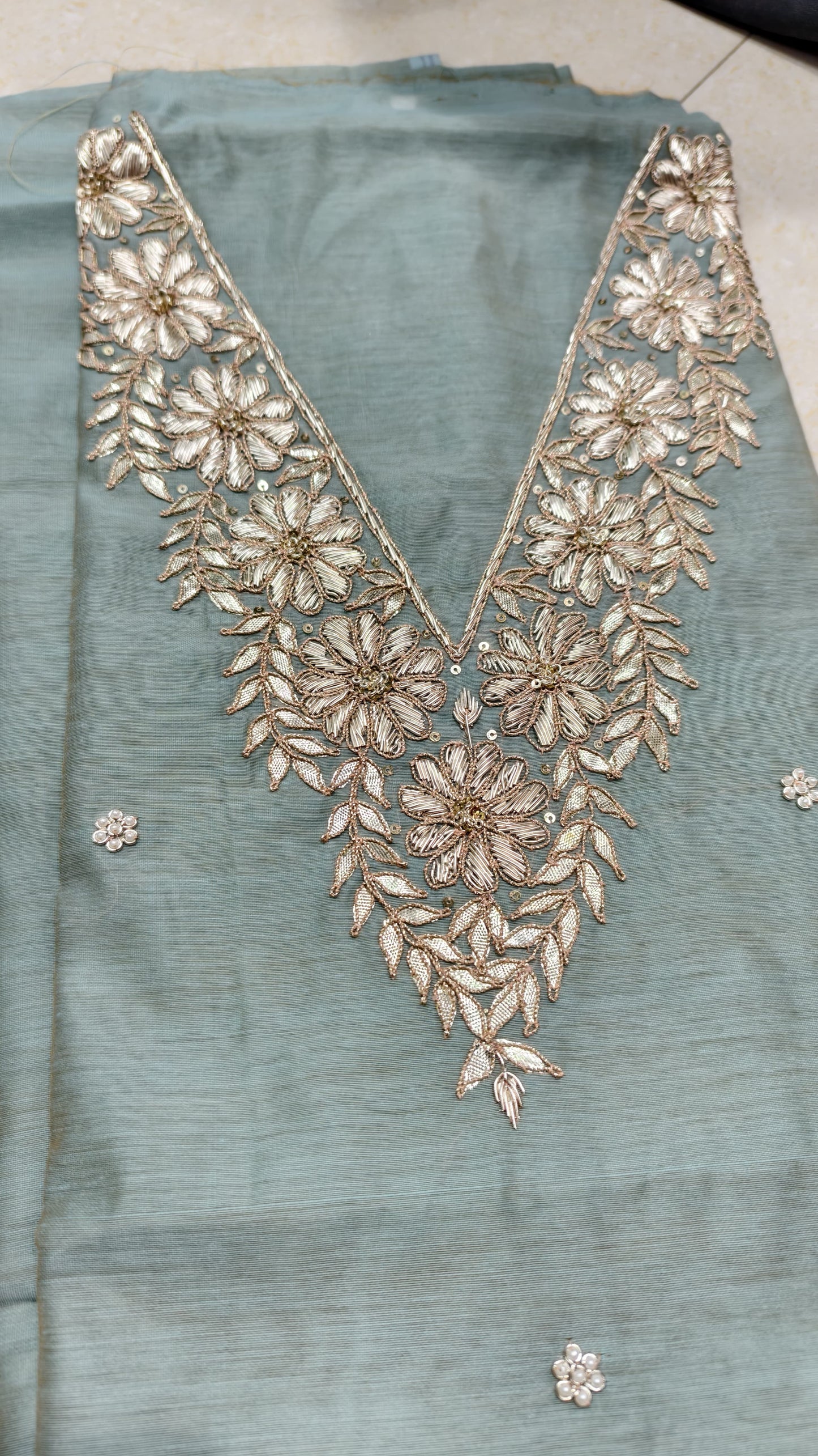 Pure original Chanderi silk hand original zardosi work kurti fabric