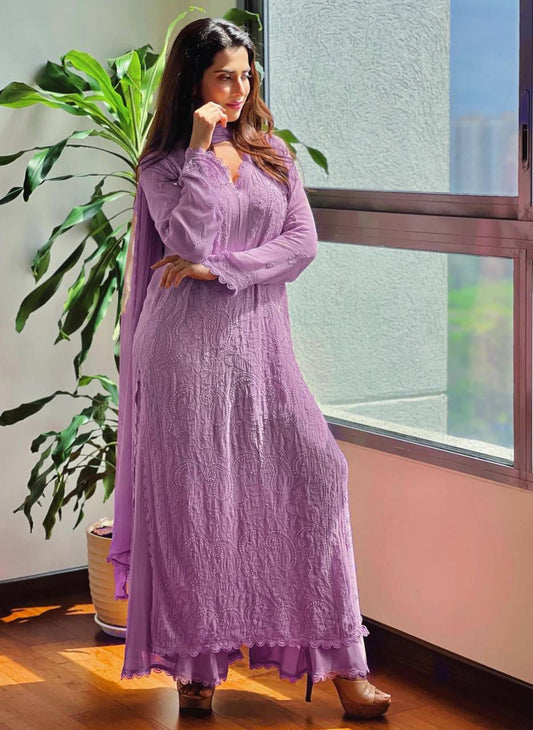 TRENDING FAUX GEORGETTE TOP COTTON THREAD EMBROIDERED WORK AND WORK PLAZO WITH DUPATTA