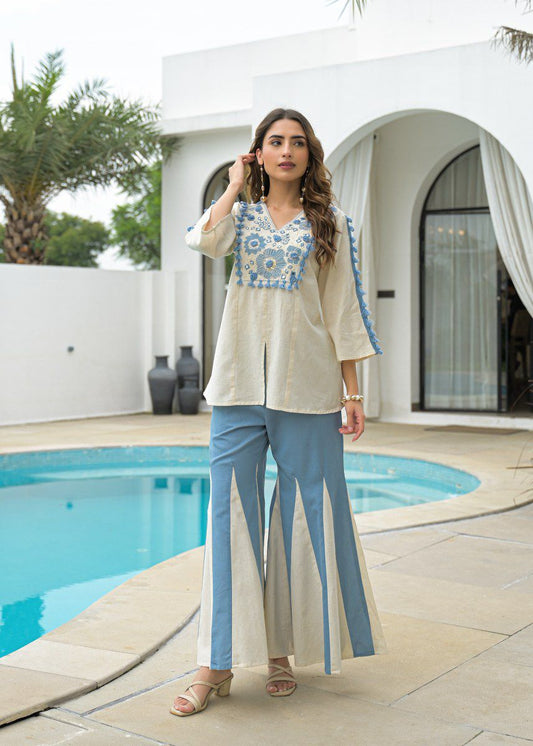 Top with Kali pant in premium Cotton with Thread embroidery work Co-ord set