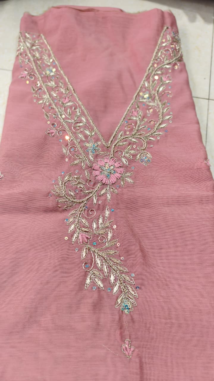 Pure original Chanderi silk hand original zardosi work kurti fabric