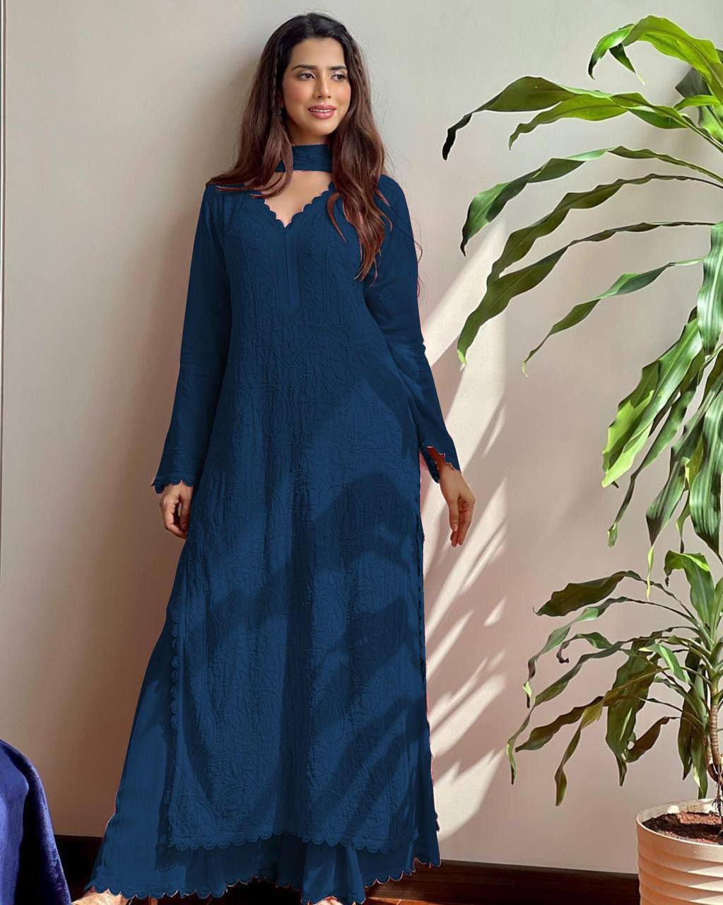 TRENDING FAUX GEORGETTE TOP COTTON THREAD EMBROIDERED WORK AND WORK PLAZO WITH DUPATTA