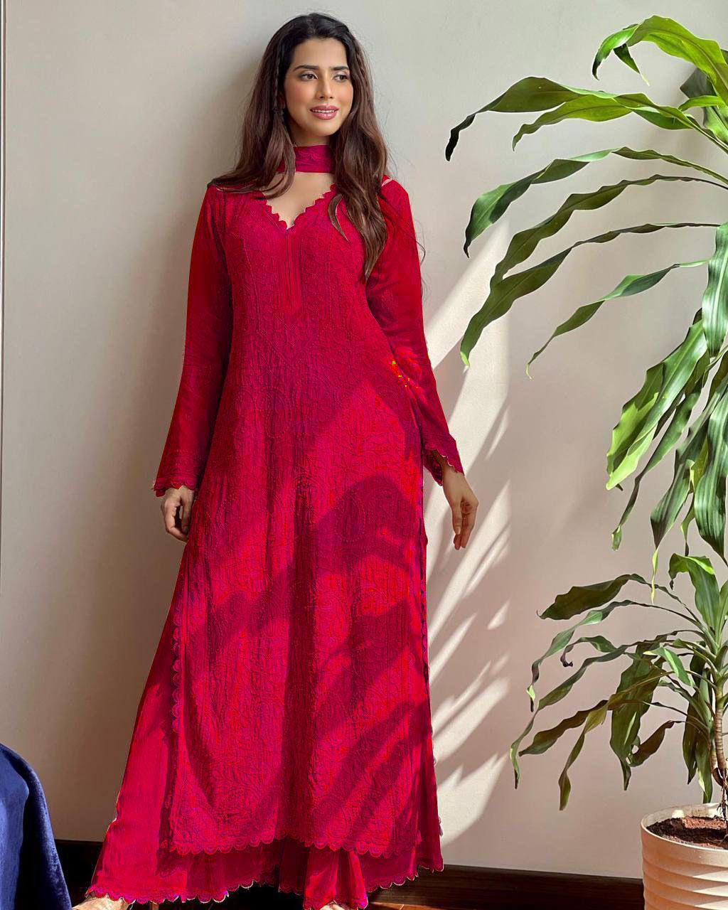 TRENDING FAUX GEORGETTE TOP COTTON THREAD EMBROIDERED WORK AND WORK PLAZO WITH DUPATTA