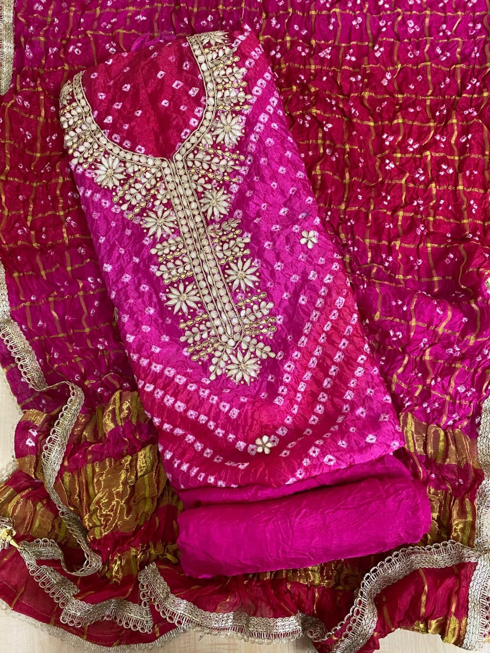 Bandhej silk Dress Materials with heavy hand goota Patti and Kundan work