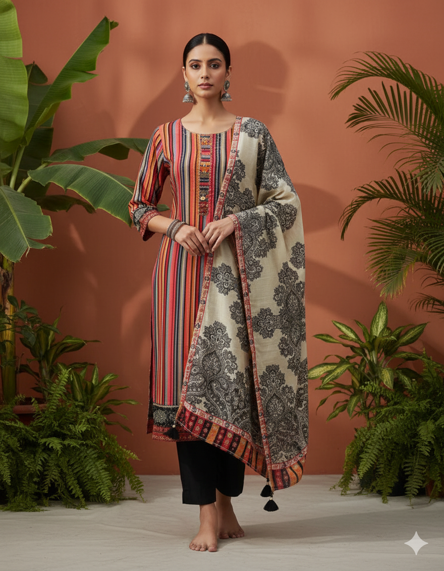 Pure Premium Maslin Three Piece Suit in Colourful strips and Black