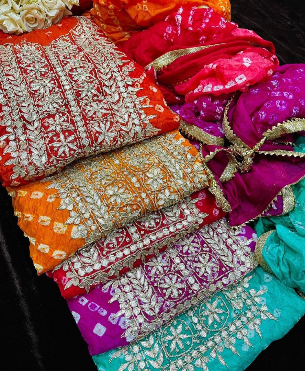 Bandhej silk Dress Materials with heavy hand goota Patti and Kundan work