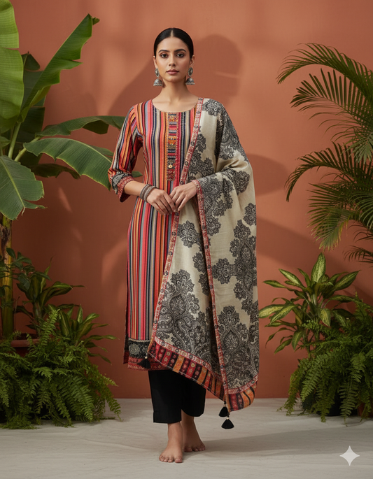 Pure Premium Maslin Three Piece Suit in Colourful strips and Black