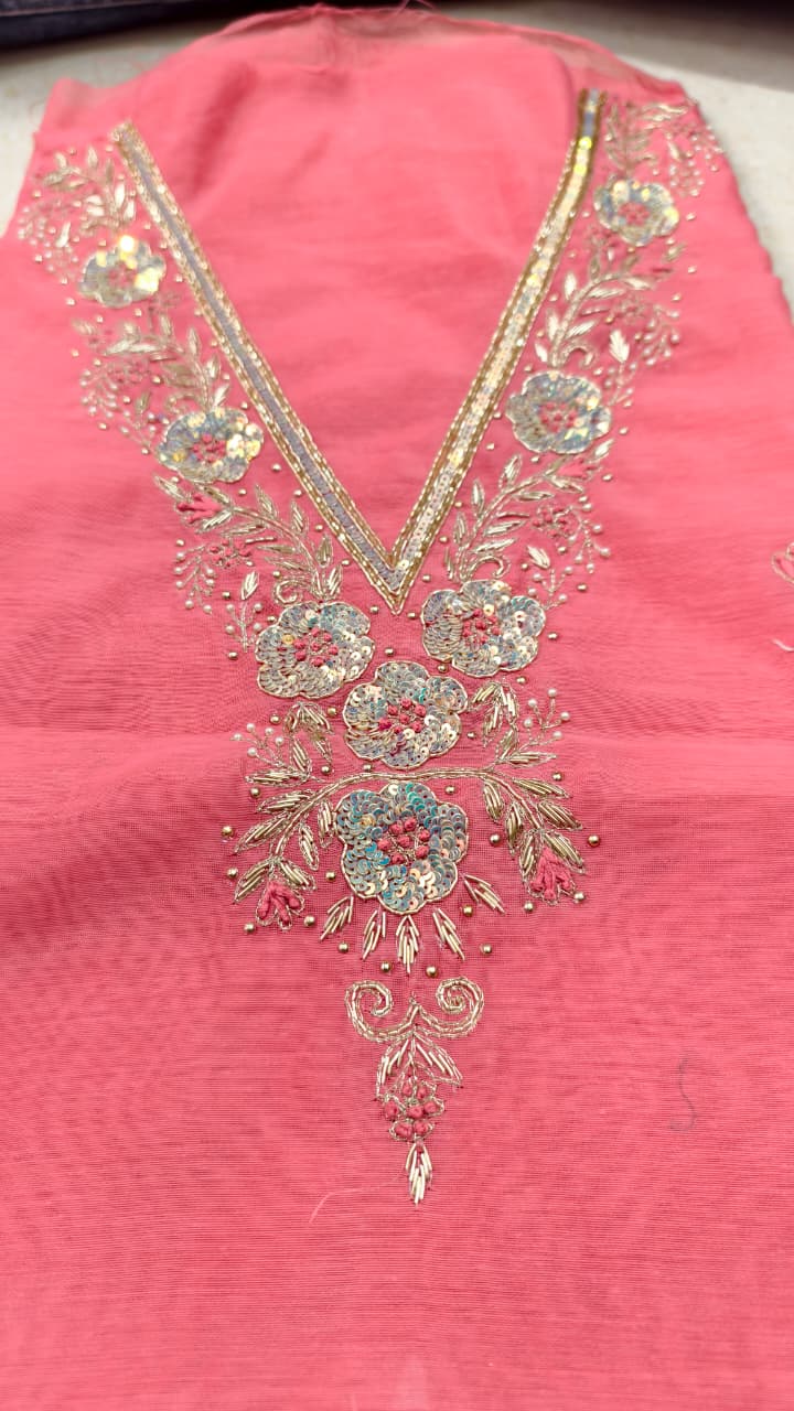 Pure original Chanderi silk hand original zardosi work kurti fabric