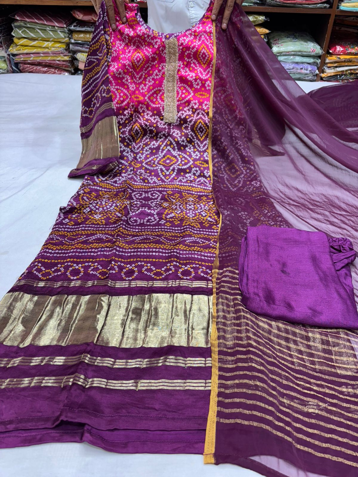 PURE Gajji SILK KURTI WITH EMBROIDERY LACE AND PANT WITH SILK DUPPATA