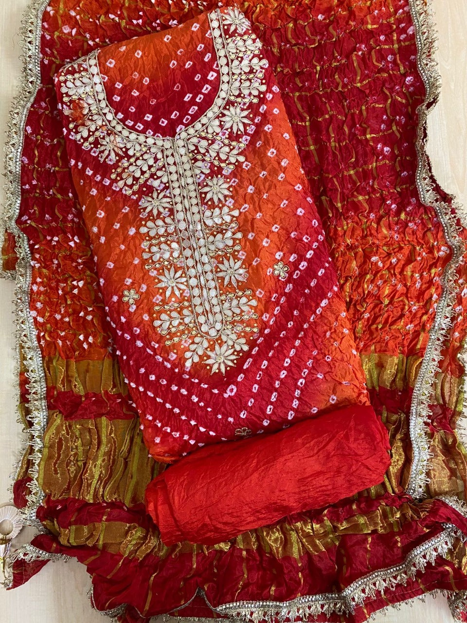 Bandhej silk Dress Materials with heavy hand goota Patti and Kundan work