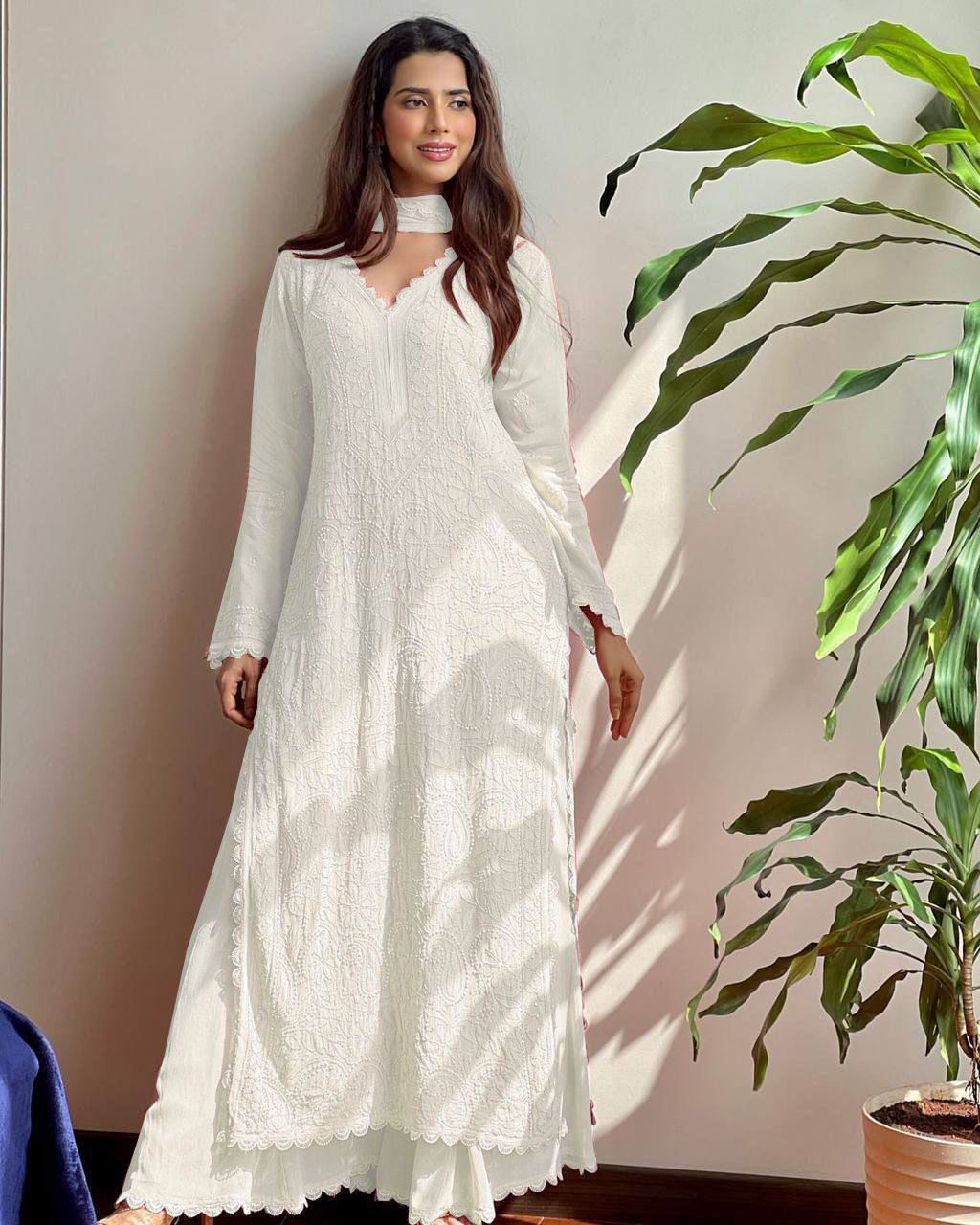 TRENDING FAUX GEORGETTE TOP COTTON THREAD EMBROIDERED WORK AND WORK PLAZO WITH DUPATTA