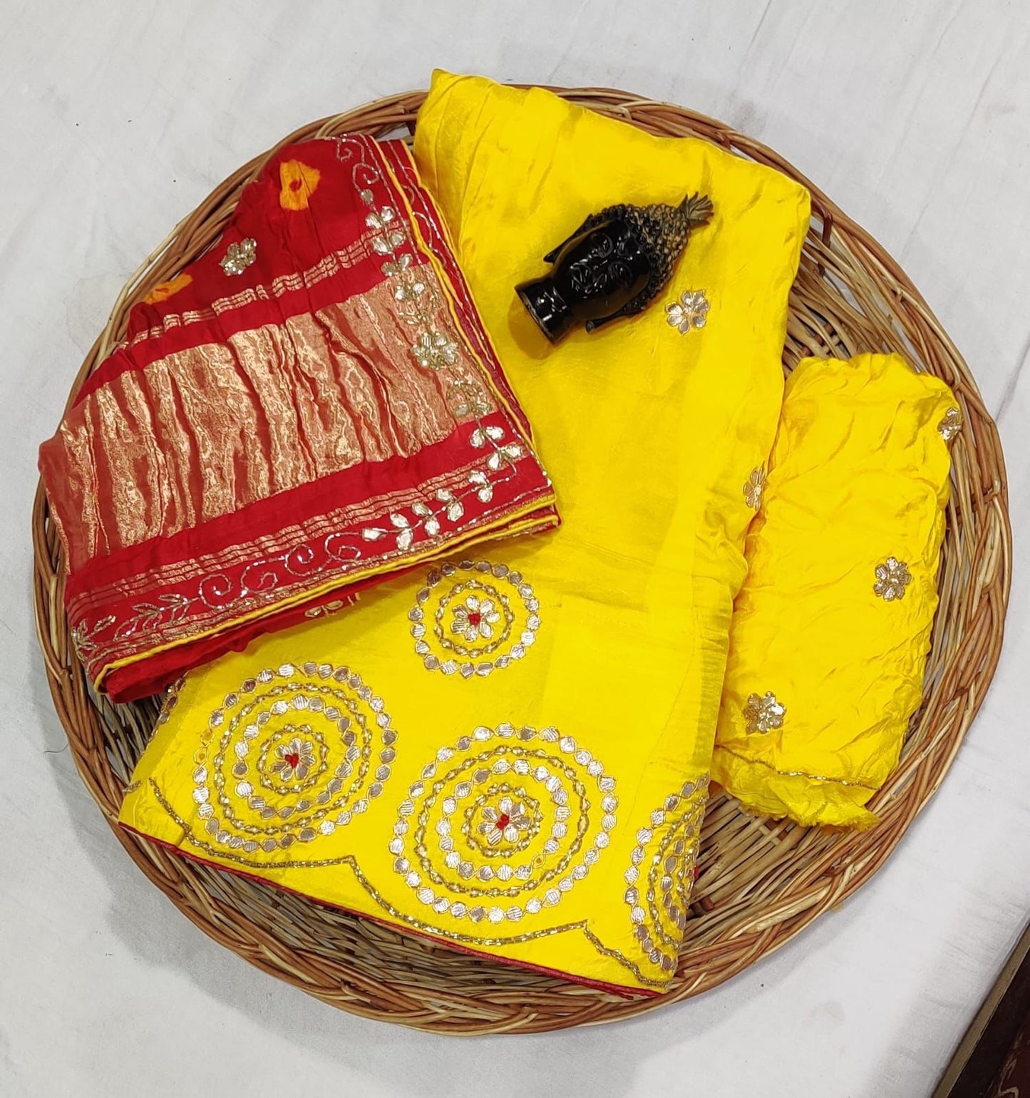 Pure upada lehnga with heavy gota Patti hand work Pure gajji silk dupatta with gulti Bhandej gota Patti hand border