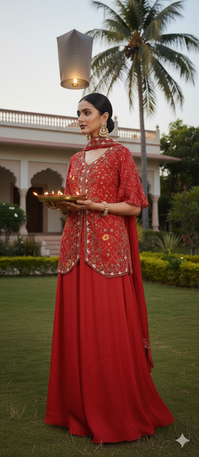 Karwa chauth Special Pure Premium Butter Chinon Premium Pearl Jardoji cutdana hand work Top Full Ghera Divider Skirt with Same work chocker Dupatta