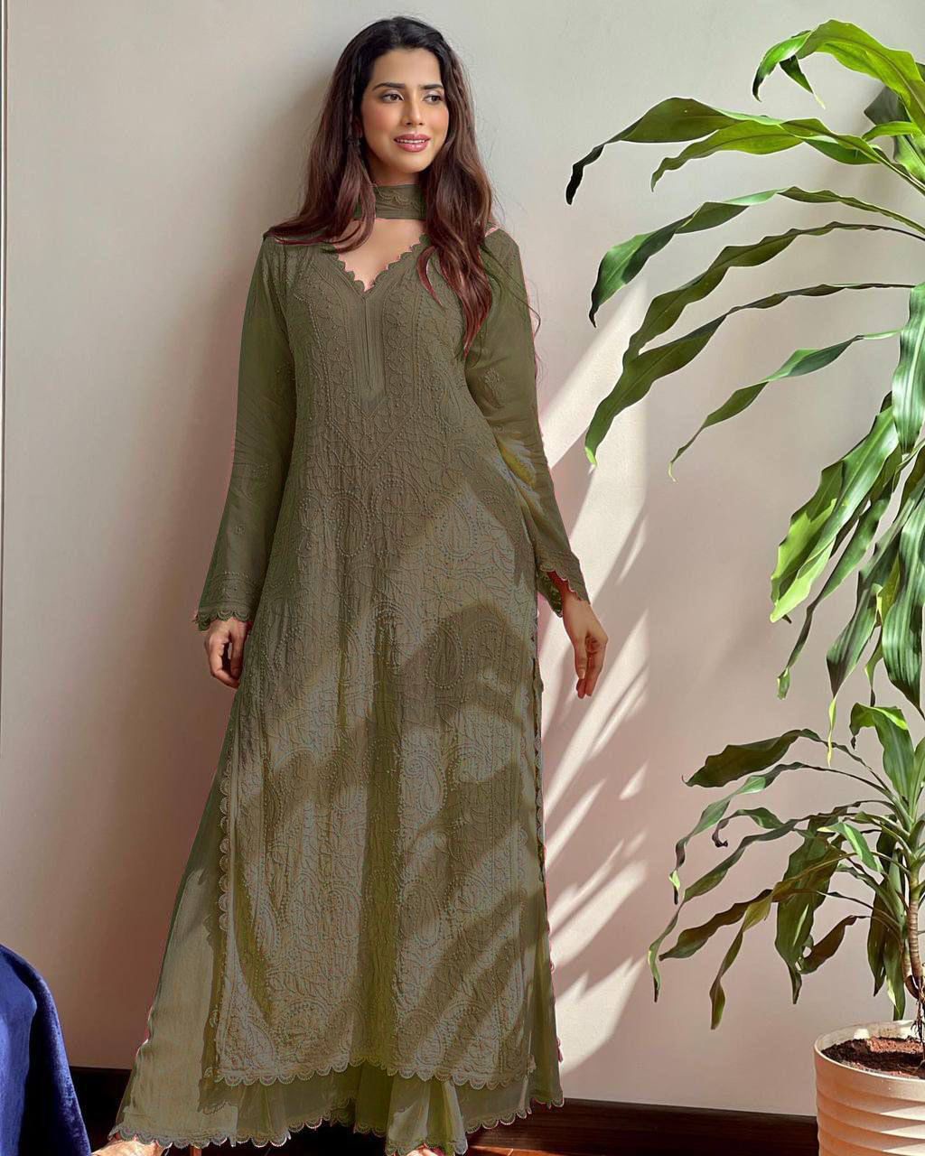 TRENDING FAUX GEORGETTE TOP COTTON THREAD EMBROIDERED WORK AND WORK PLAZO WITH DUPATTA