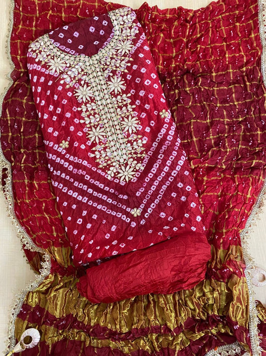 Bandhej silk Dress Materials with heavy hand goota Patti and Kundan work