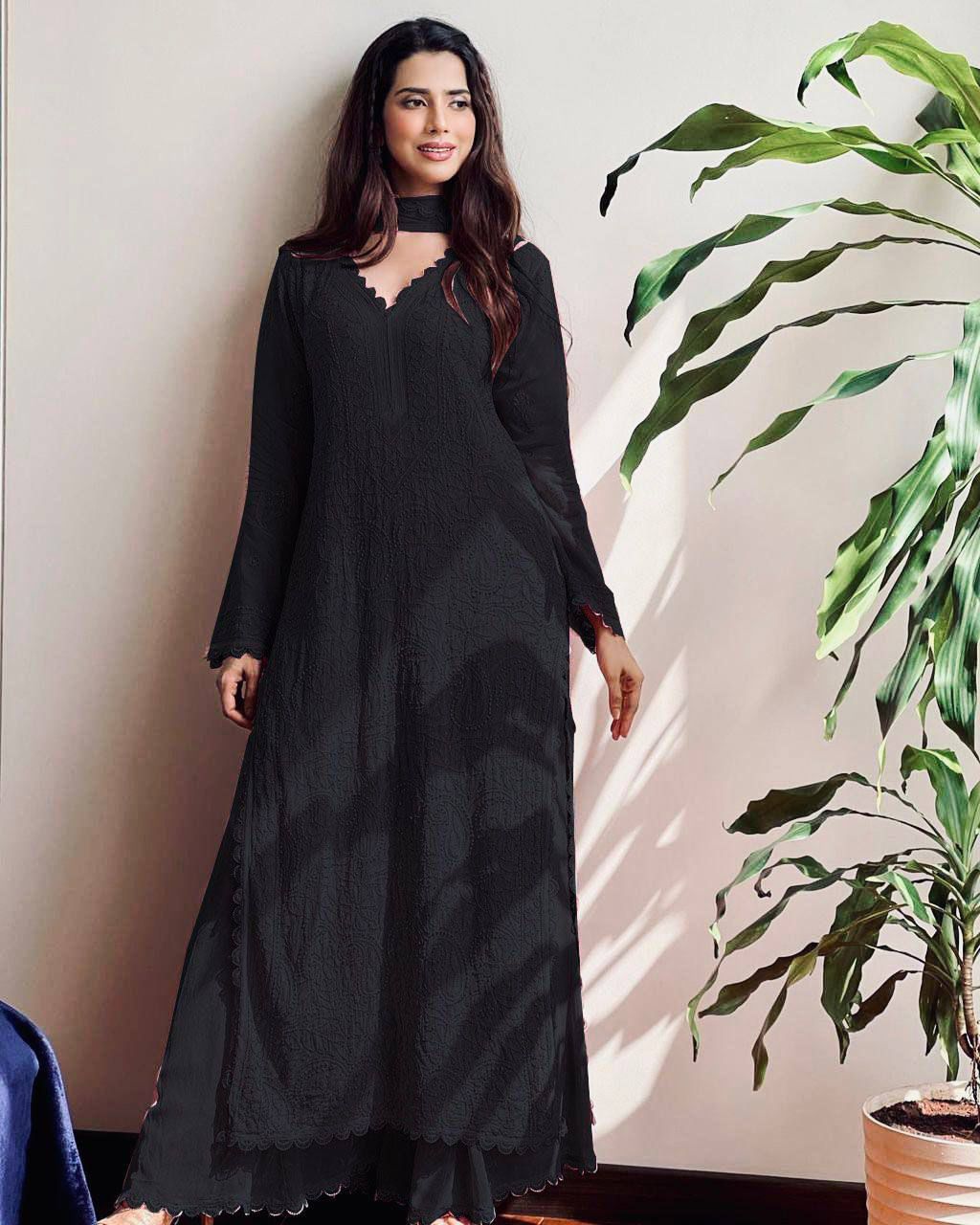 TRENDING FAUX GEORGETTE TOP COTTON THREAD EMBROIDERED WORK AND WORK PLAZO WITH DUPATTA