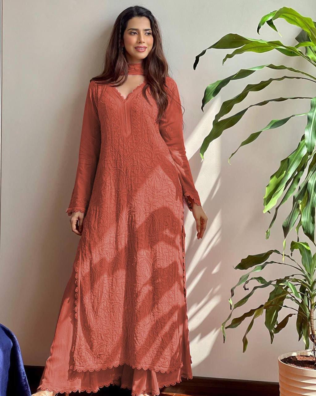 TRENDING FAUX GEORGETTE TOP COTTON THREAD EMBROIDERED WORK AND WORK PLAZO WITH DUPATTA
