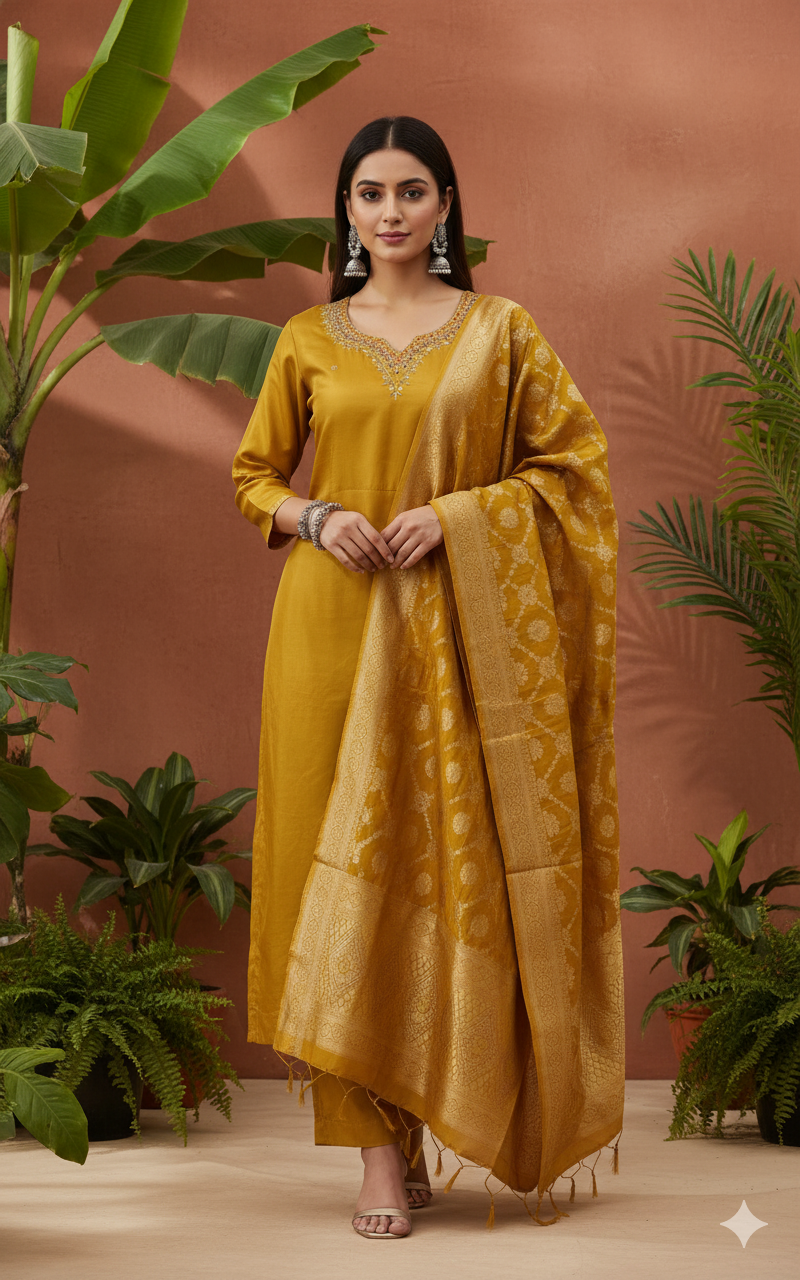 Karwa chauth special Kurta Pant With Dupatta In Pure Premium Dola Silk Three Piece Suit in Mustard yellow
