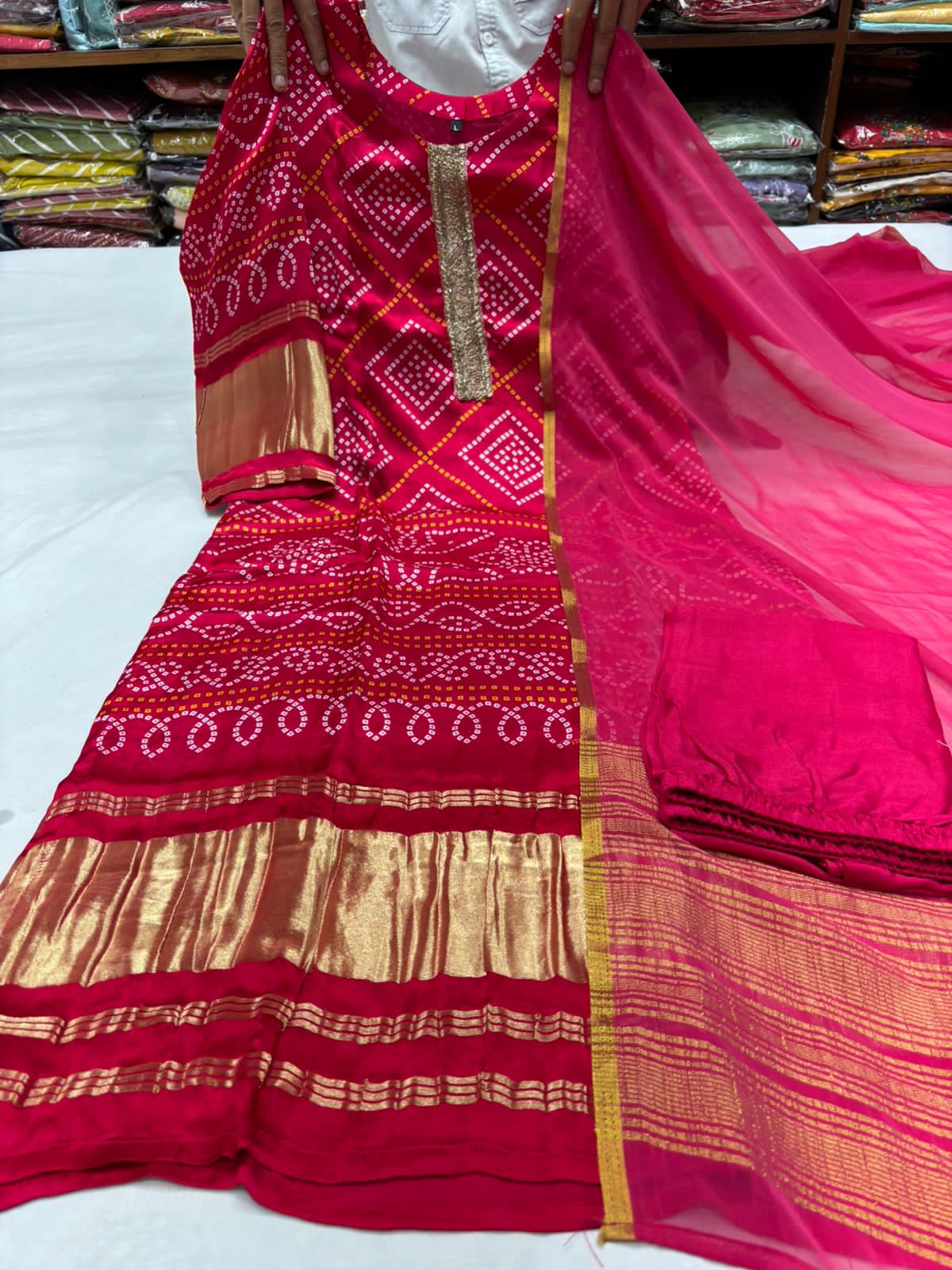 PURE Gajji SILK KURTI WITH EMBROIDERY LACE AND PANT WITH SILK DUPPATA