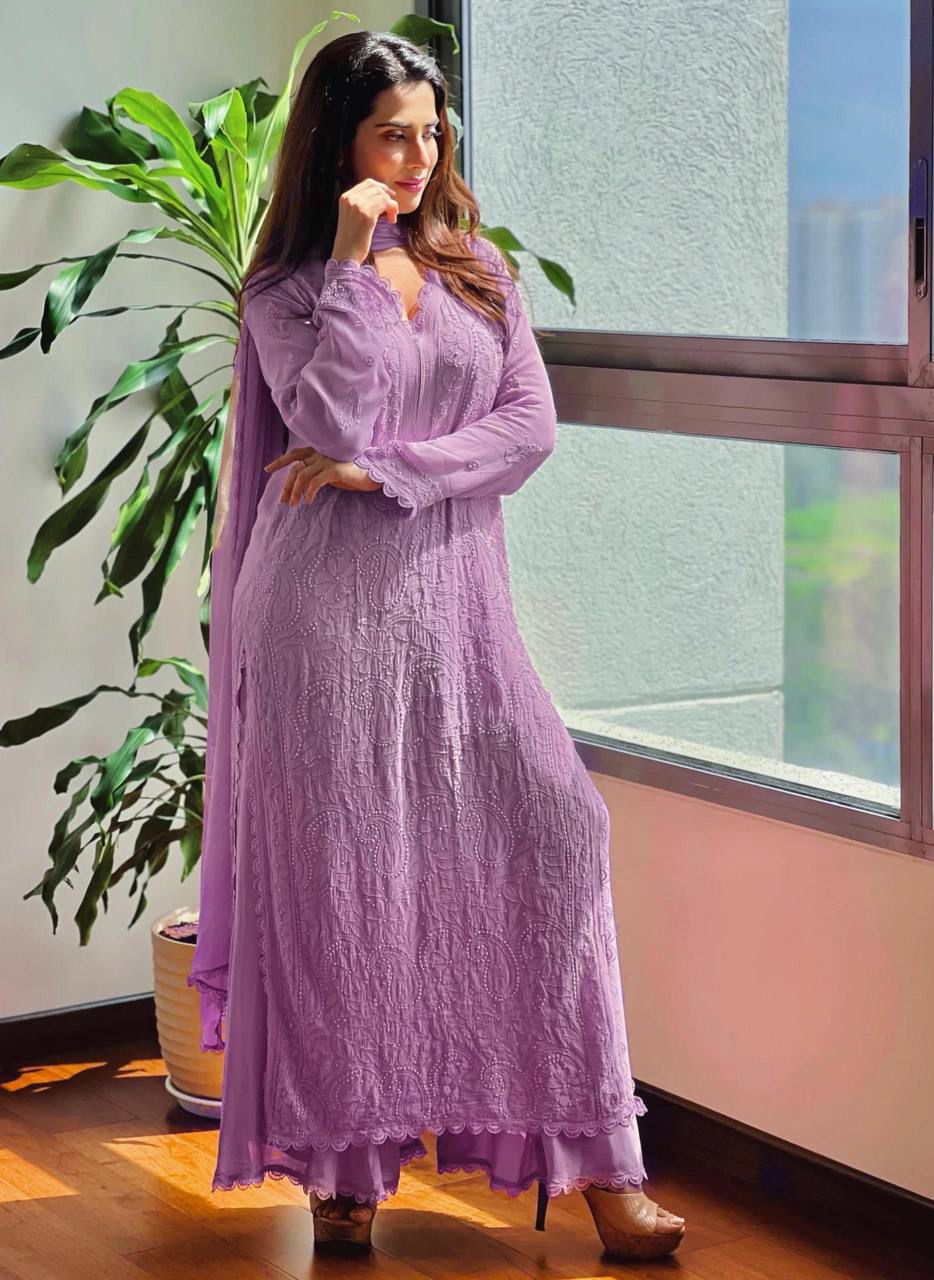 TRENDING FAUX GEORGETTE TOP COTTON THREAD EMBROIDERED WORK AND WORK PLAZO WITH DUPATTA