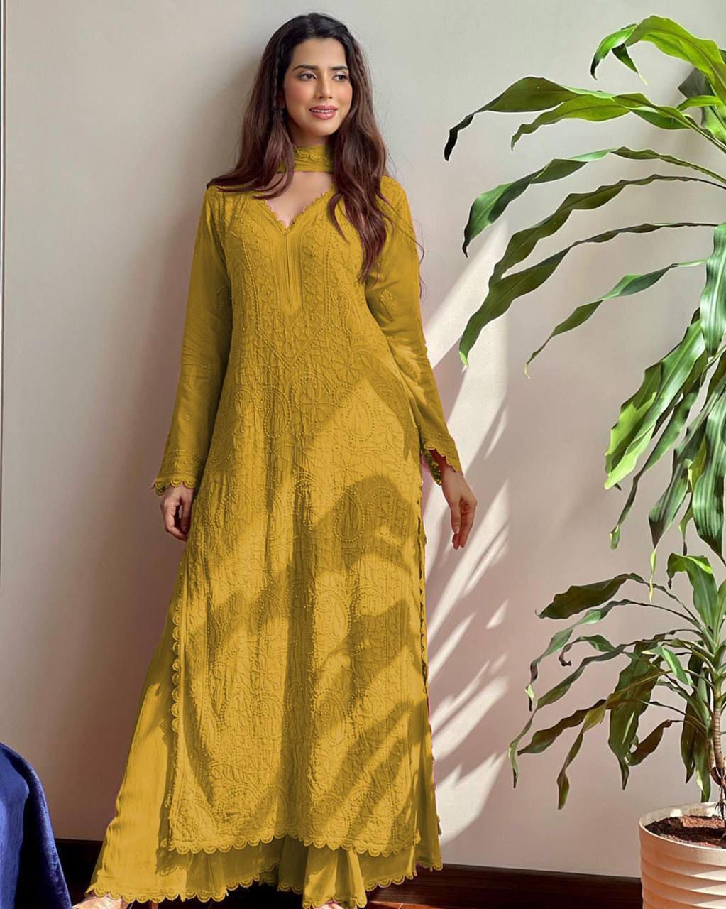 TRENDING FAUX GEORGETTE TOP COTTON THREAD EMBROIDERED WORK AND WORK PLAZO WITH DUPATTA