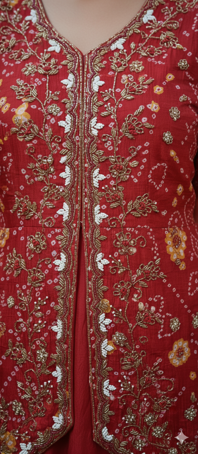 Karwa chauth Special Pure Premium Butter Chinon Premium Pearl Jardoji cutdana hand work Top Full Ghera Divider Skirt with Same work chocker Dupatta