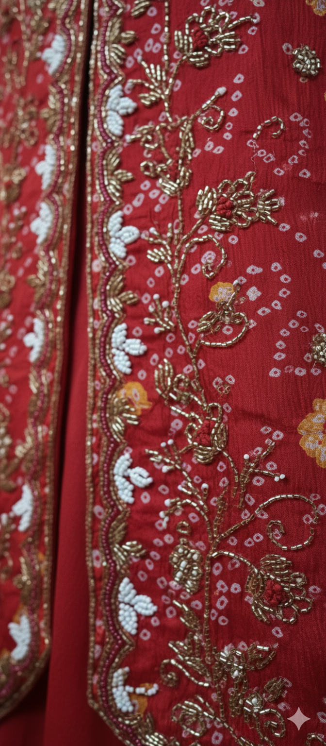 Karwa chauth Special Pure Premium Butter Chinon Premium Pearl Jardoji cutdana hand work Top Full Ghera Divider Skirt with Same work chocker Dupatta