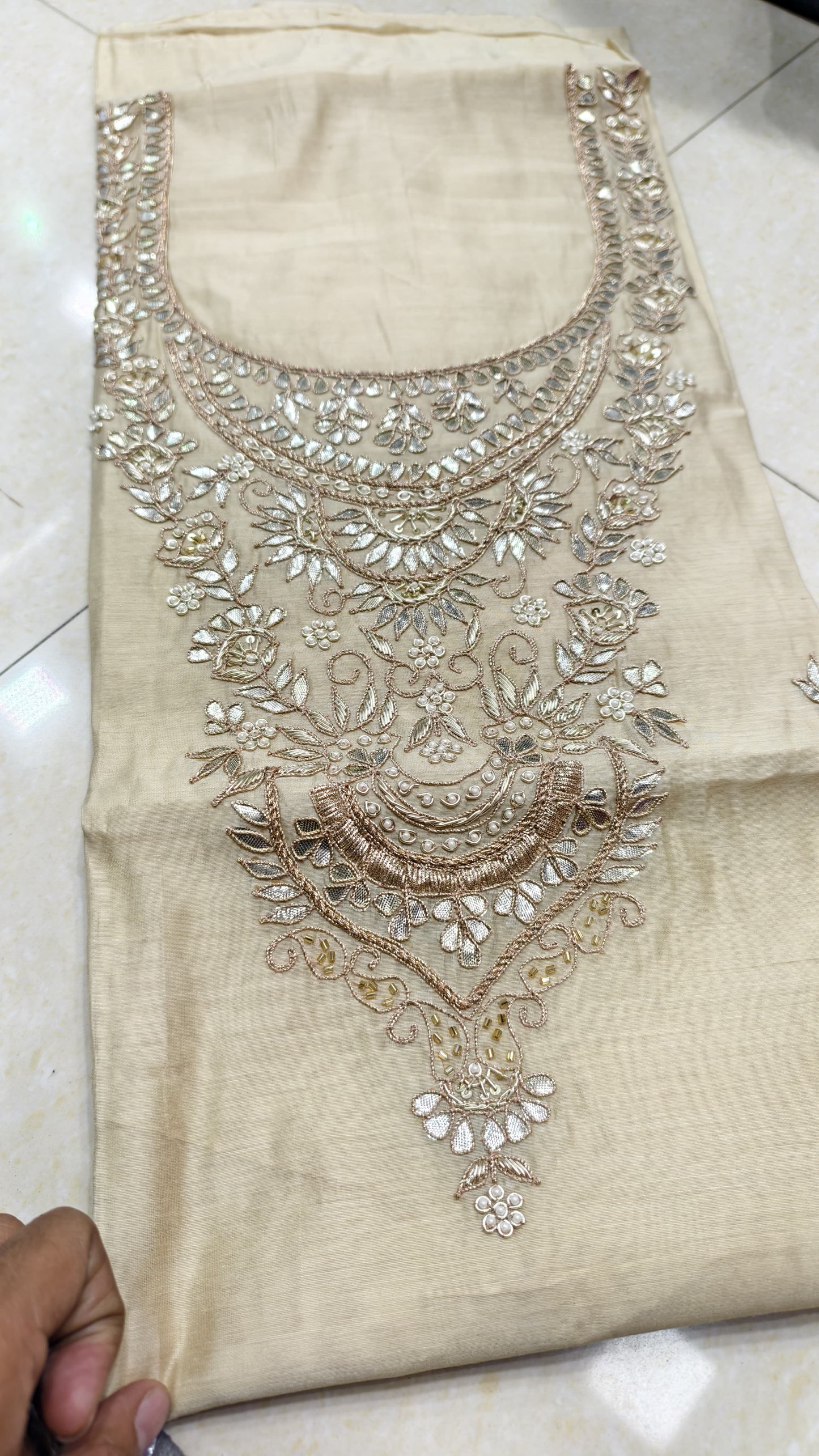 Pure original Chanderi silk hand original zardosi work kurti fabric