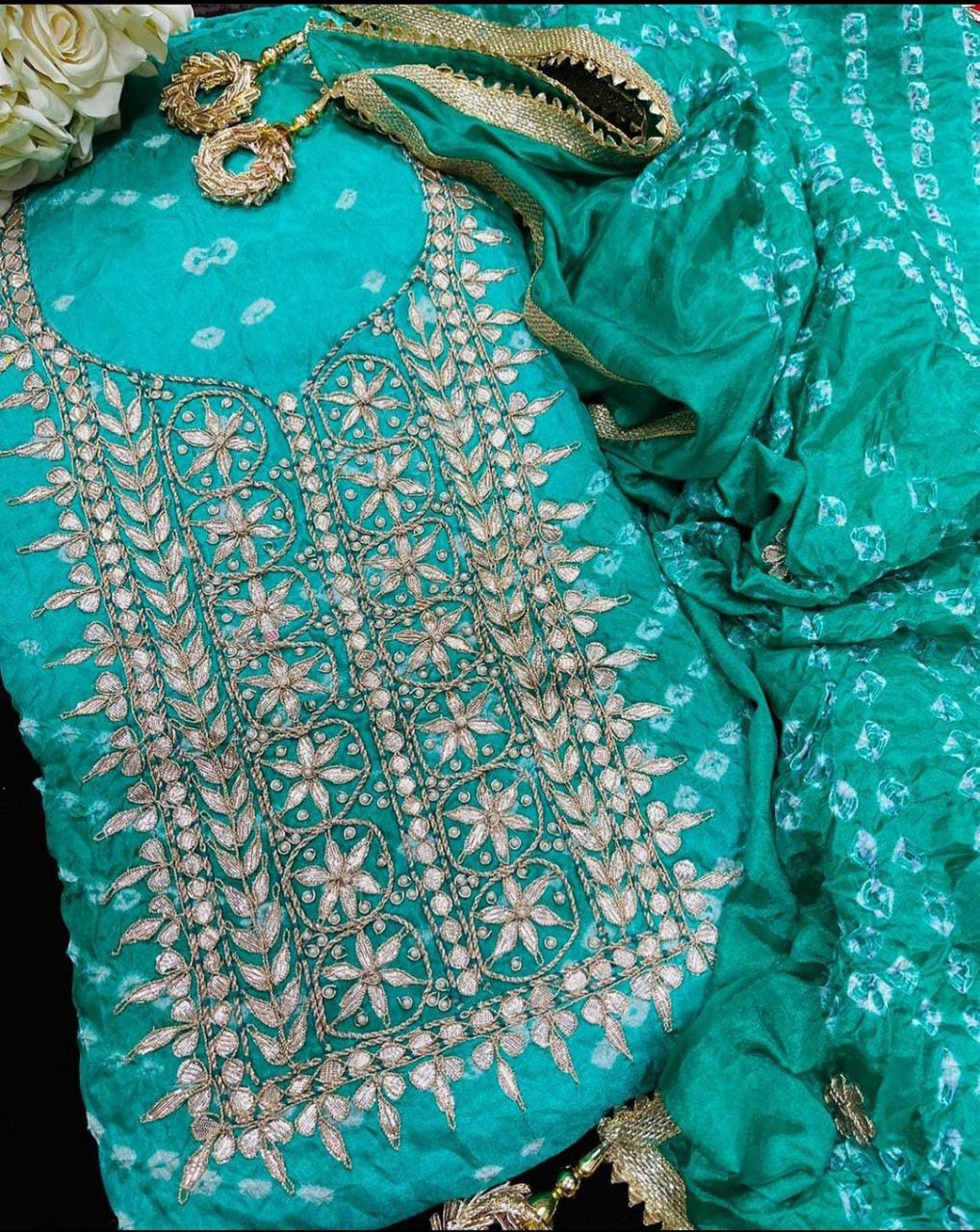 Bandhej silk Dress Materials with heavy hand goota Patti and Kundan work
