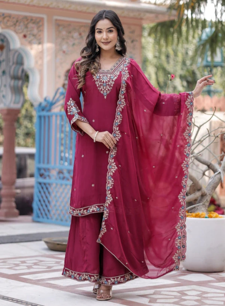 Karwa chauth special Kurta Sharara With Dupatta In Pure Premium Crape Silk Three piece Suit