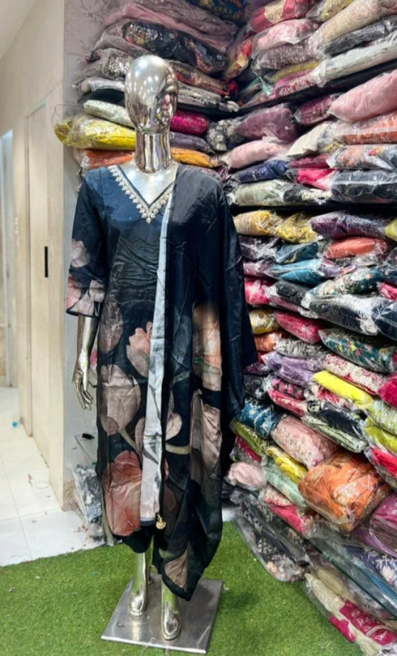 Pure Premium Butter Maslin Three piece suit in Black with Pure Jardozi Hand Work on neck detailing in self digital flower print