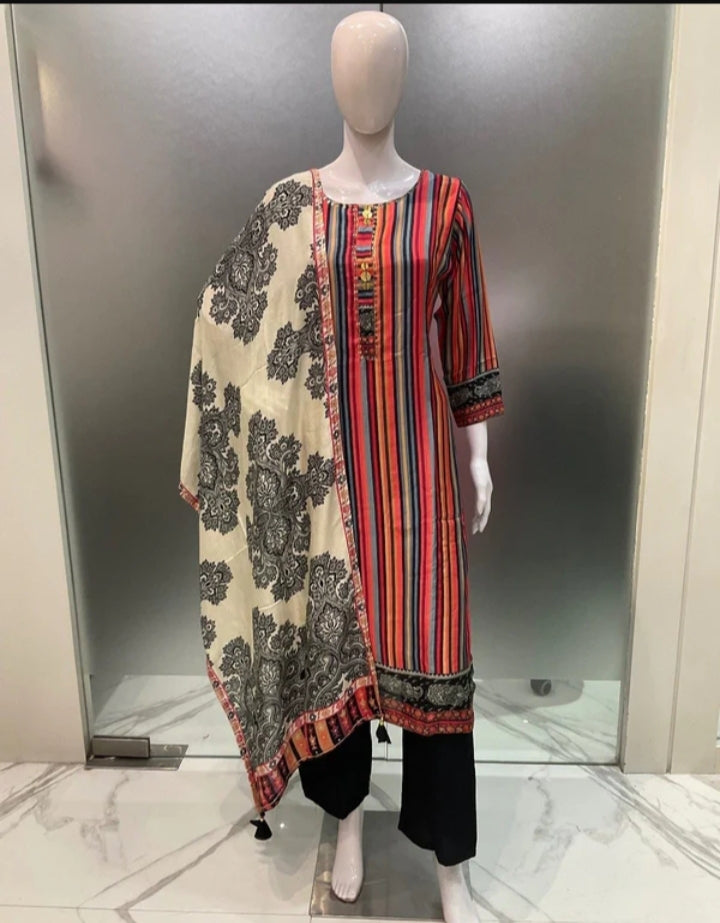 Pure Premium Maslin Three Piece Suit in Colourful strips and Black