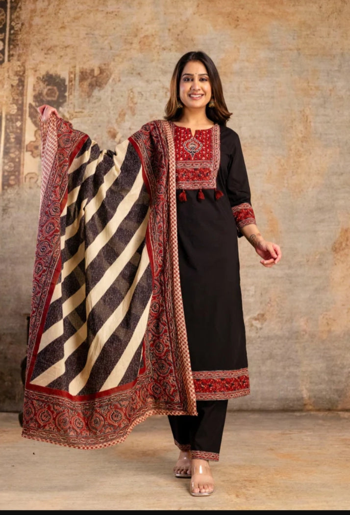 Pure Premium Jaipuri Cotton Three Piece Set Ajrak print neck and top panel
