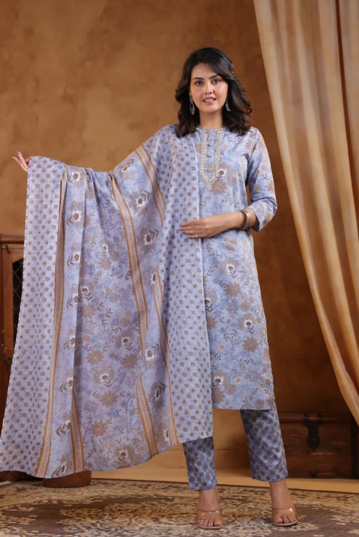 Pure Jaipuri Cotton Three Piece Suit in Lavender Colour