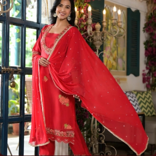 Karwa chauth special Kurta Pant With Dupatta In Pure premium Maslin Three piece suit