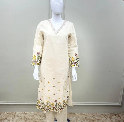 Pure Premium Handloom Cotton with thread work neck detailing and top panel and sleeves palazzo bottom
