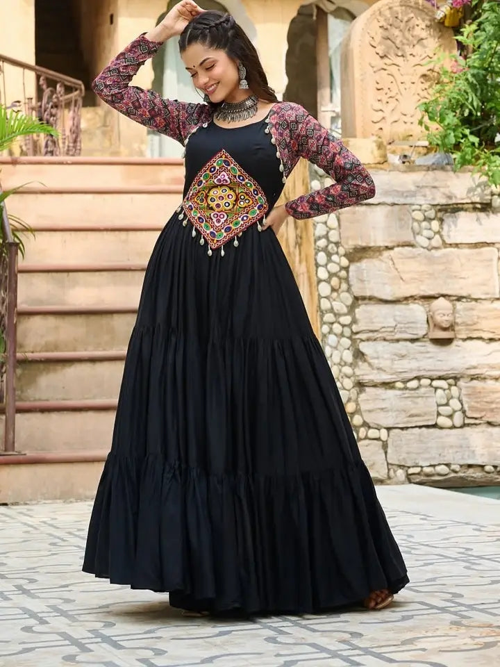 Black Garba special full length gown original Heavy Mirror work on yolk Ajrak print sleeves fully 10 to 12