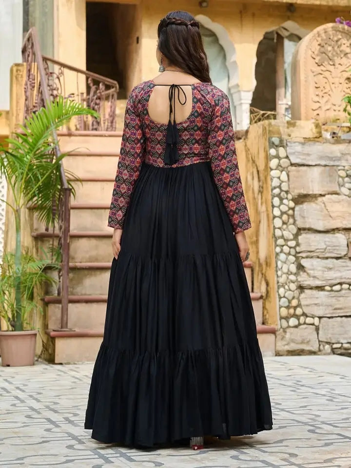 Black Garba special full length gown original Heavy Mirror work on yolk Ajrak print sleeves fully 10 to 12